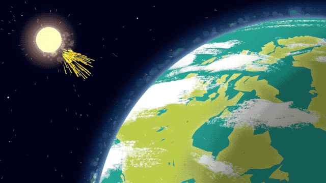 Animated illustration of solar particles travelling toward Earth