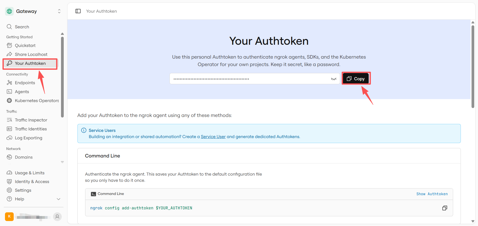 Ngrok-fiókoldal az authtoken másolási vezérlőjével