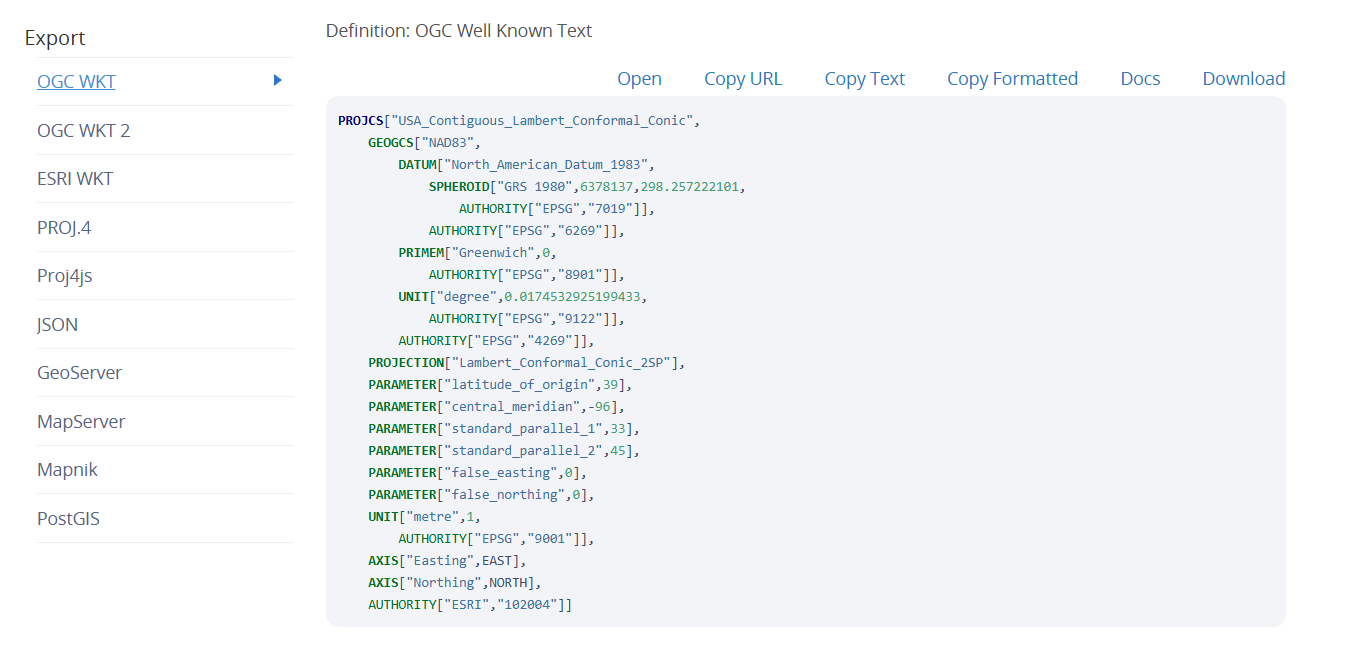 Coordinate reference parameters displayed in WKT format on EPSG.io