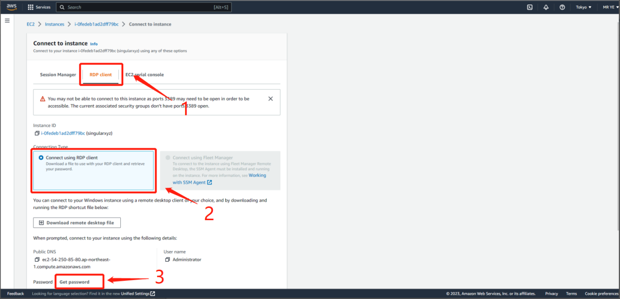 Selecting the RDP client and requesting the Windows password