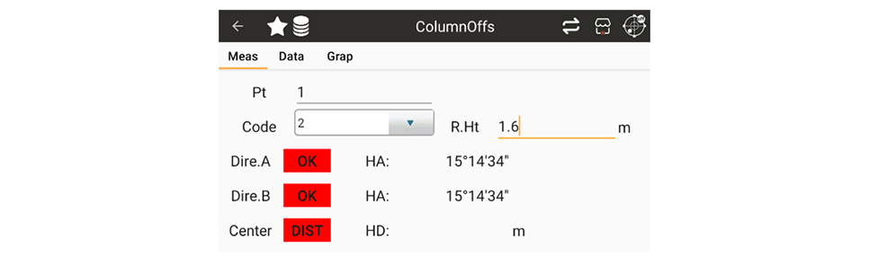 ColumnOffs point name, code, prism height and direction measurement fields