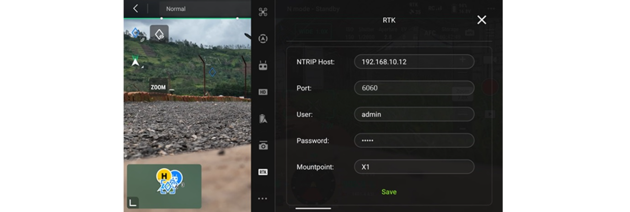 Entering NTRIP host, port, credentials and mountpoint in the drone controller