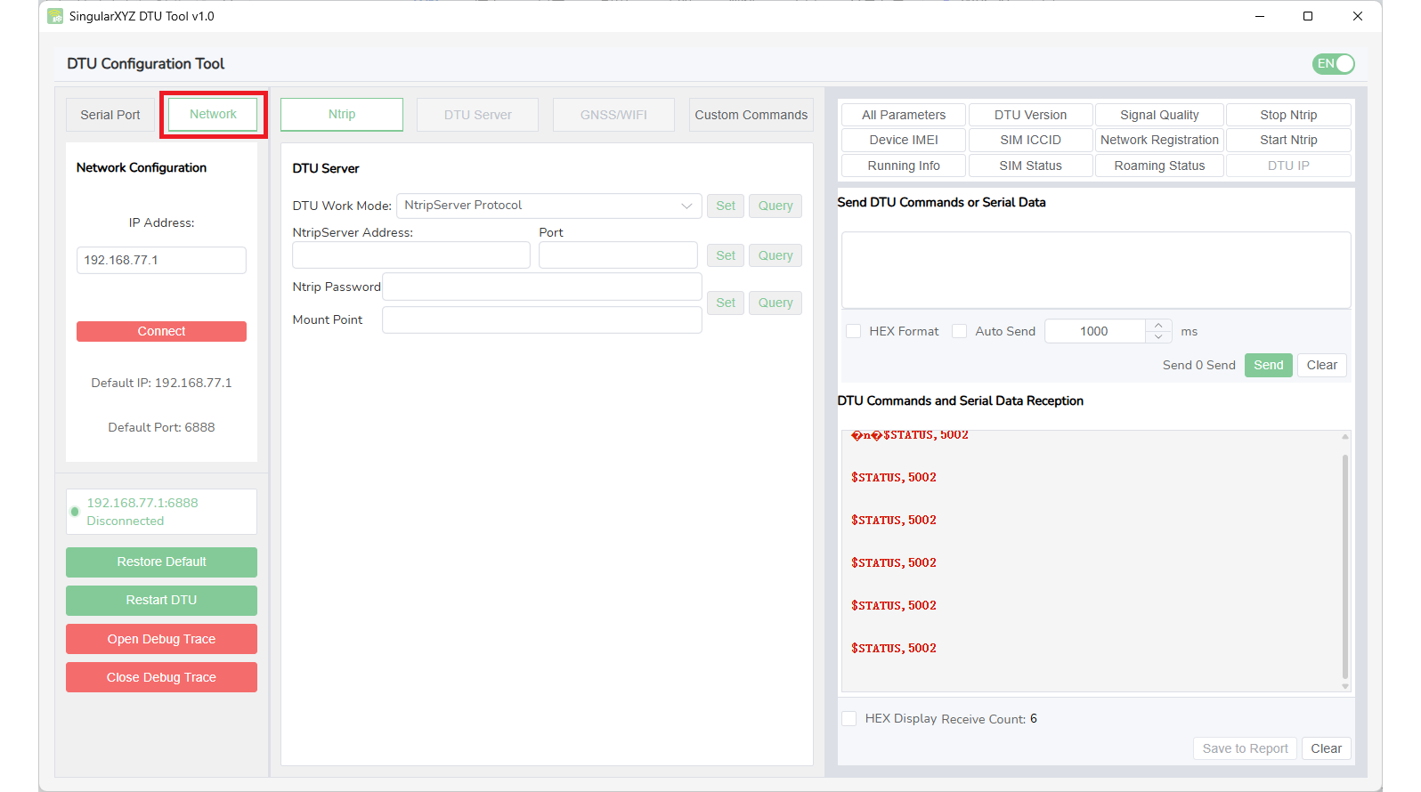 A DTU Configuration Tool hálózati beállításai