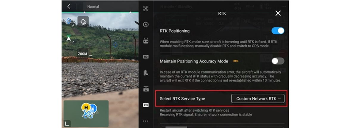 Drone RTK settings with Custom Network RTK selected