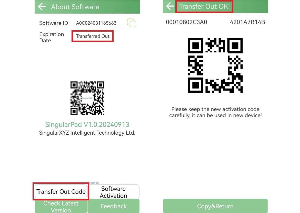 Transferred Out license status and generated activation QR code