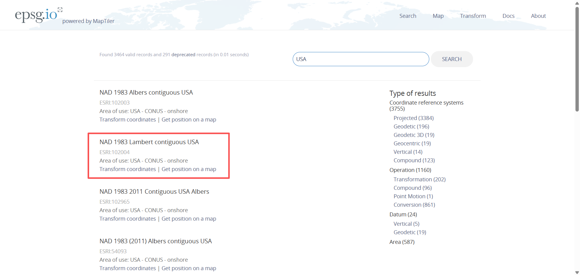 Selecting a coordinate reference system from EPSG.io search results