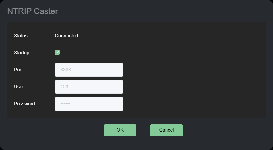 Csatlakoztatott NTRIP Caster engedélyezett automatikus indítással