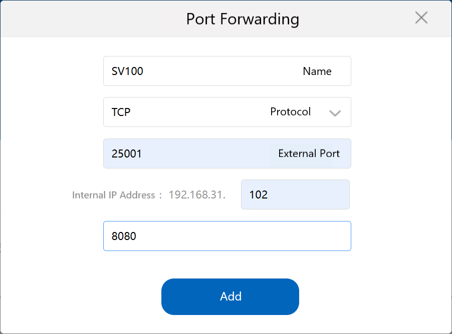 Router porttovábbítási űrlapja SV100 vevőhöz