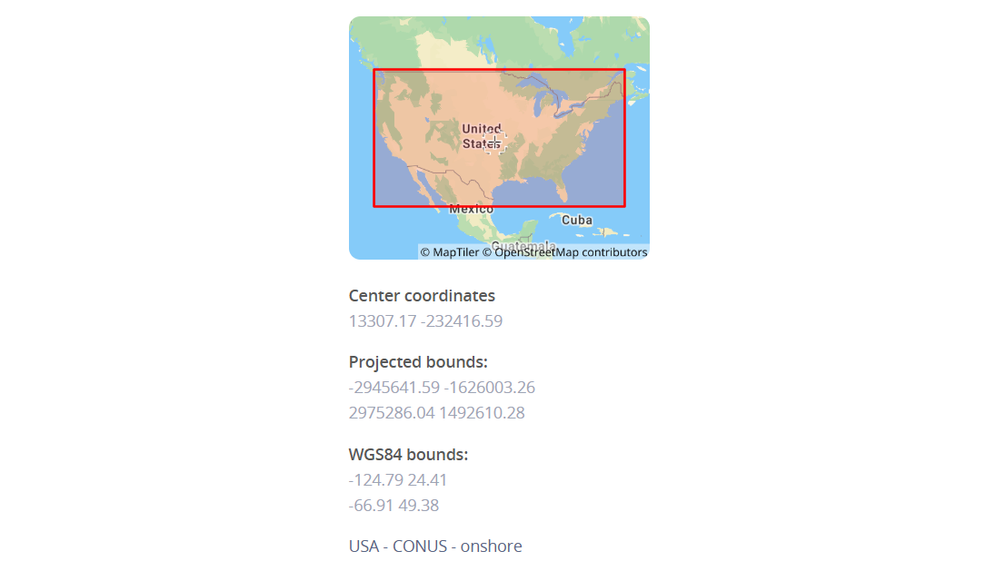 Geographic coverage map and bounds for a coordinate reference system