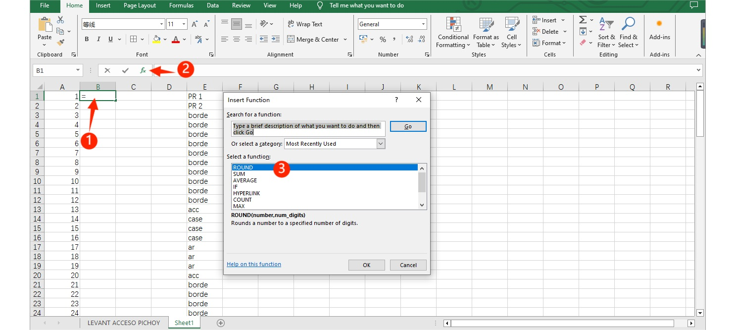 Excel-függvény kiválasztása koordinátaadatok előkészítéséhez