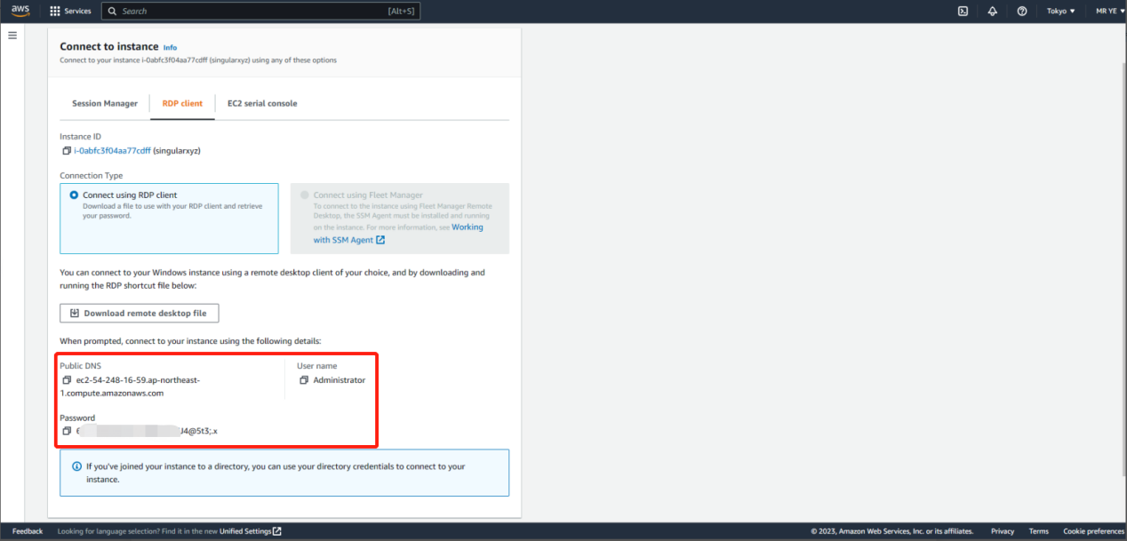 EC2 connection page showing username and password fields