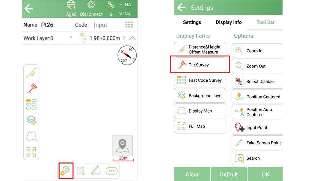 Survey toolbar settings including Tilt Survey and Fast Code Survey