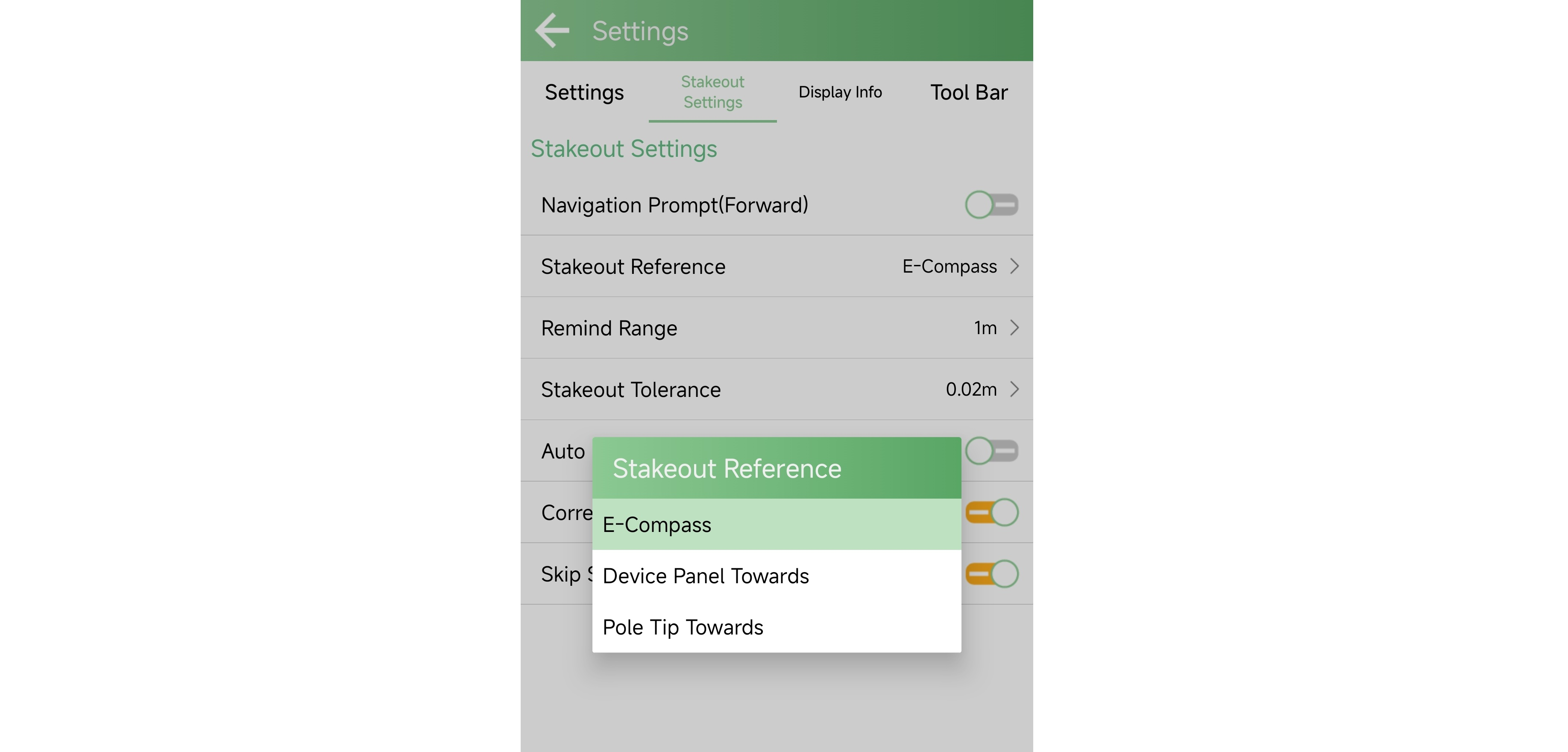 Stakeout Reference choices for compass, device panel and pole tip