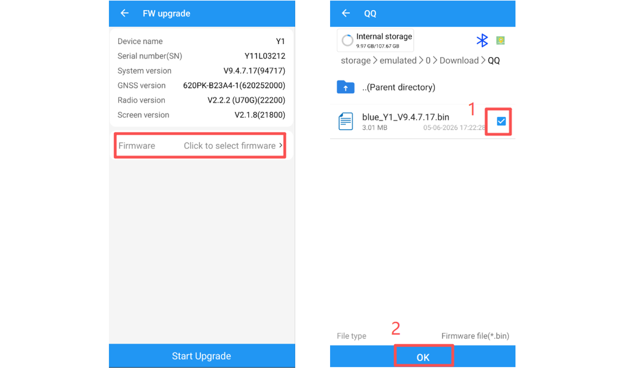 Firmware BIN-fájl kiválasztása vevőfrissítéshez