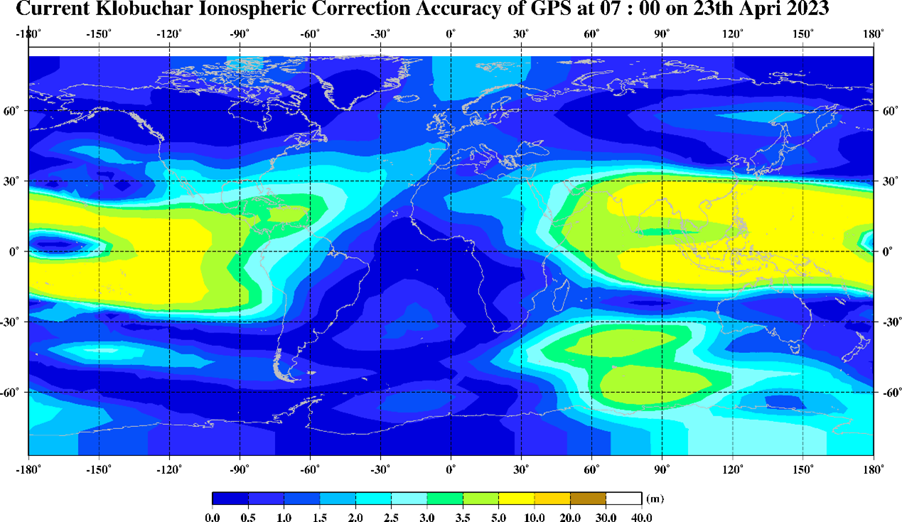 Global map of GPS Klobuchar ionospheric correction accuracy on 23 April 2023