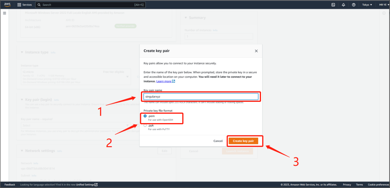 Entering a new key-pair name and format