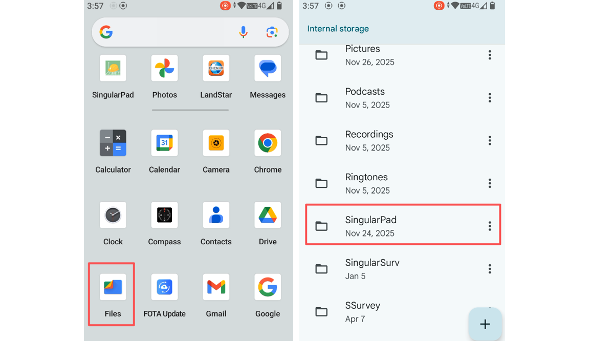 A SingularPad mappájának megkeresése az Android belső tárhelyén