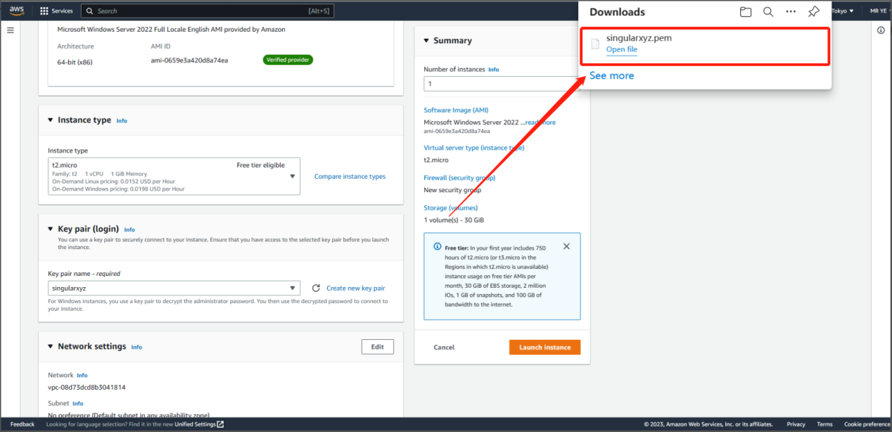 Downloaded key-pair file shown beside EC2 settings