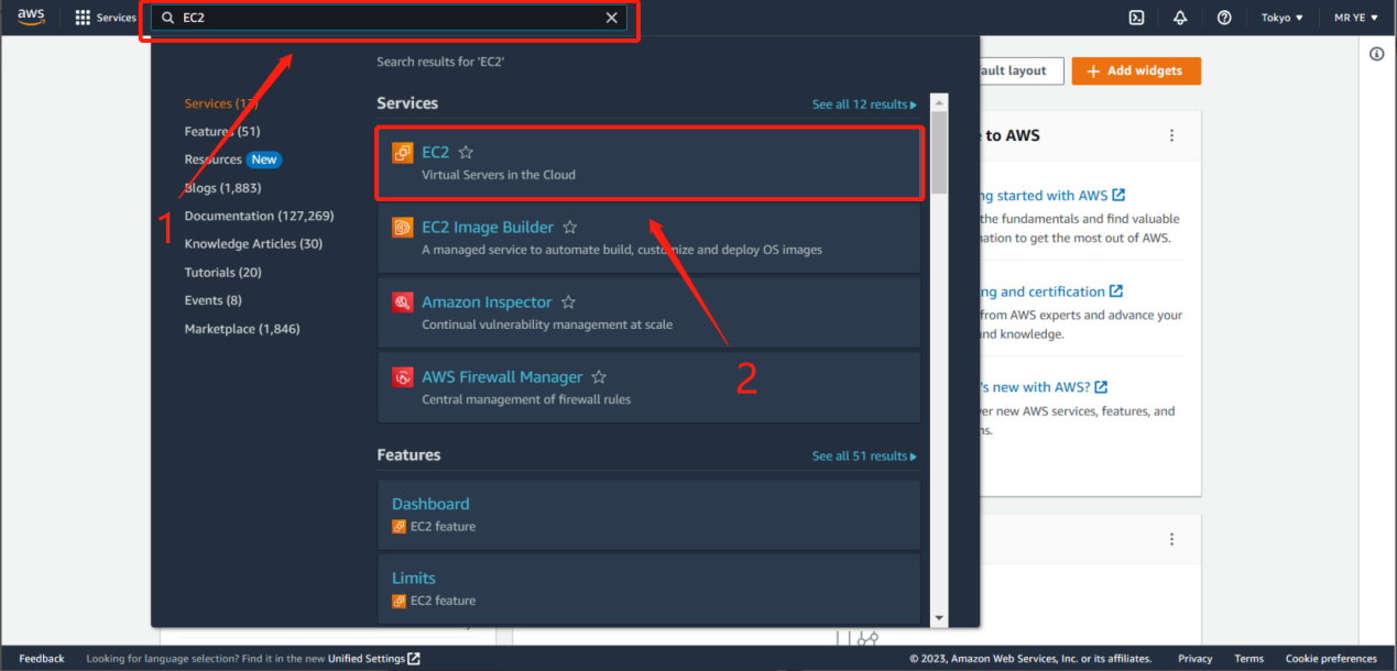 Searching for EC2 in the AWS service menu