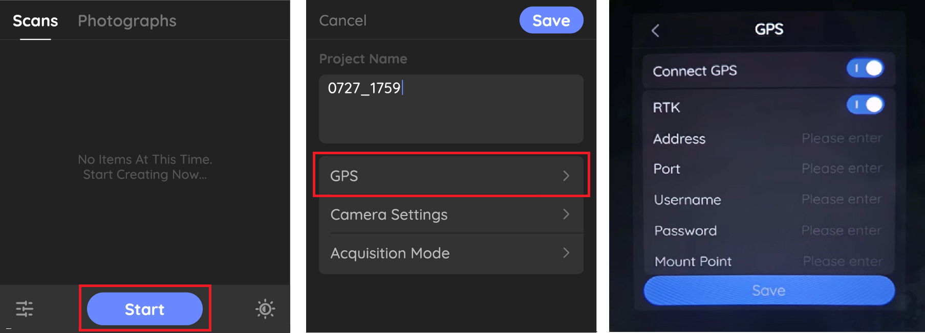 H1 projekt indítása és GPS/RTK-kapcsolati adatok megadása