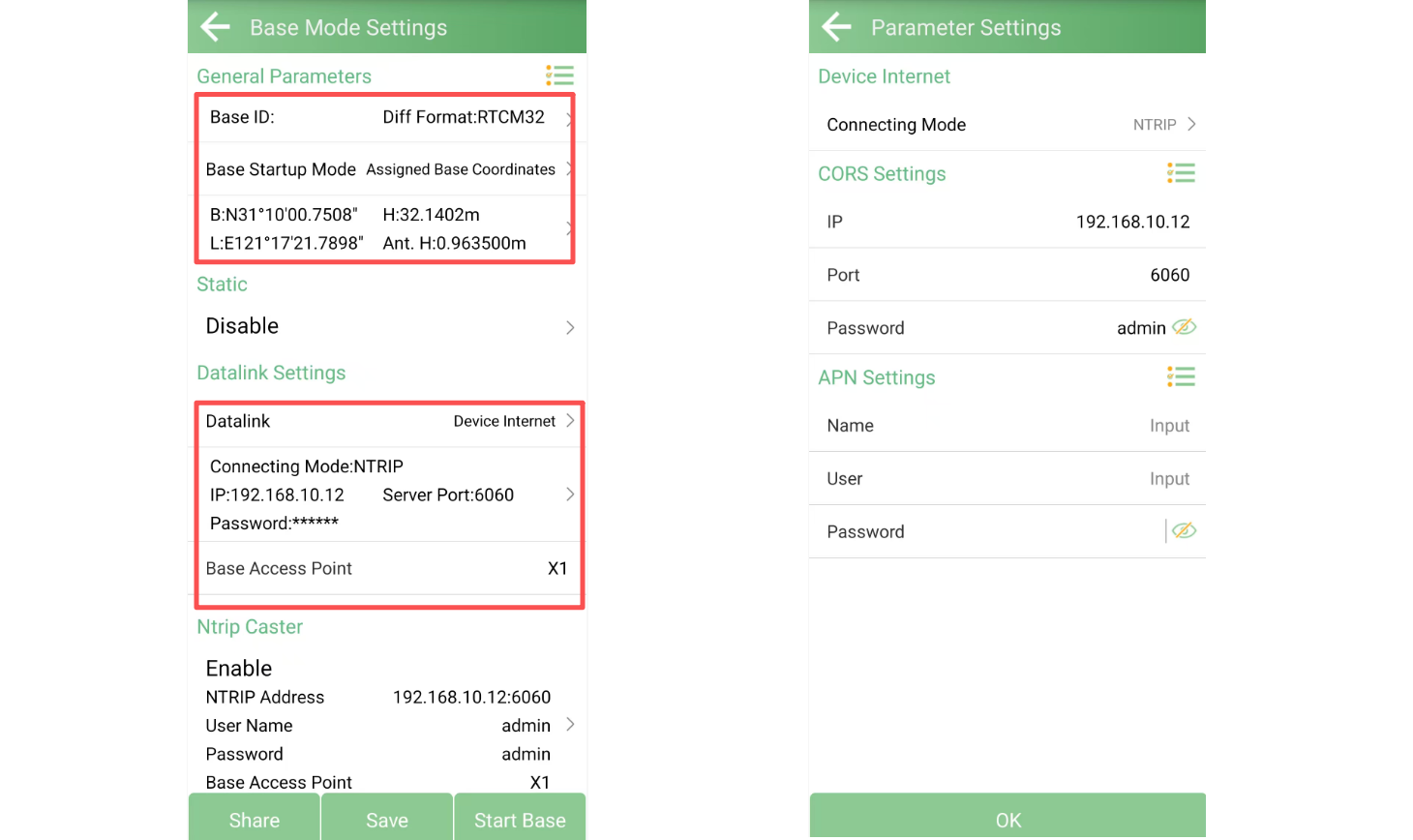 X1 base NTRIP data-link and parameter settings