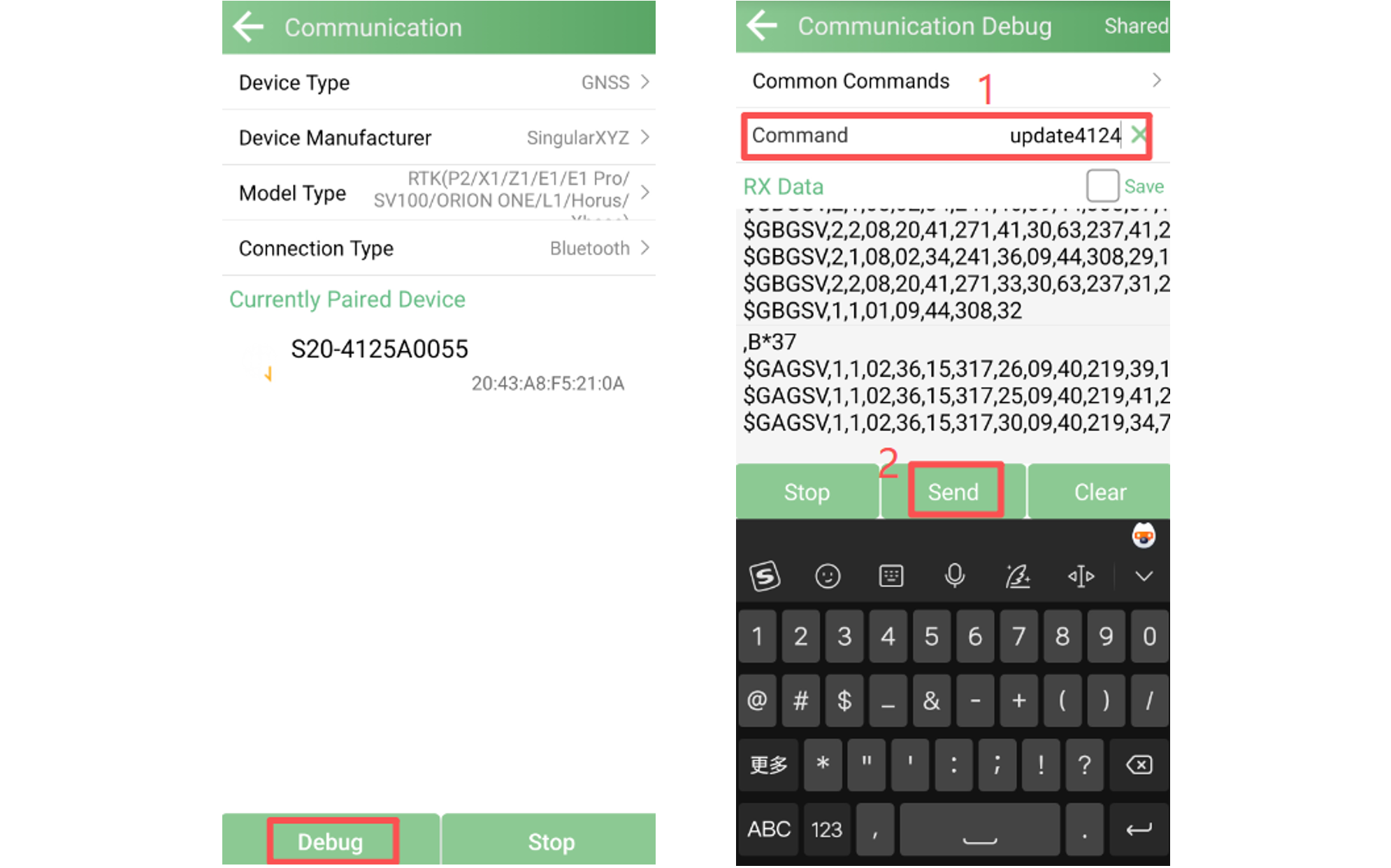 Frissítési parancs küldése a SingularPad Communication Debug felületén