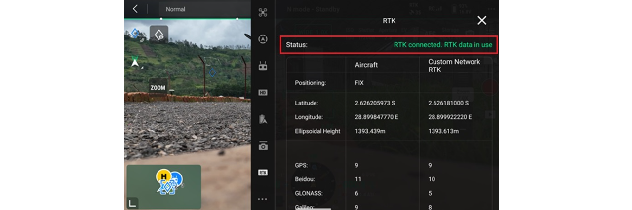Drone controller reporting an RTK-connected status