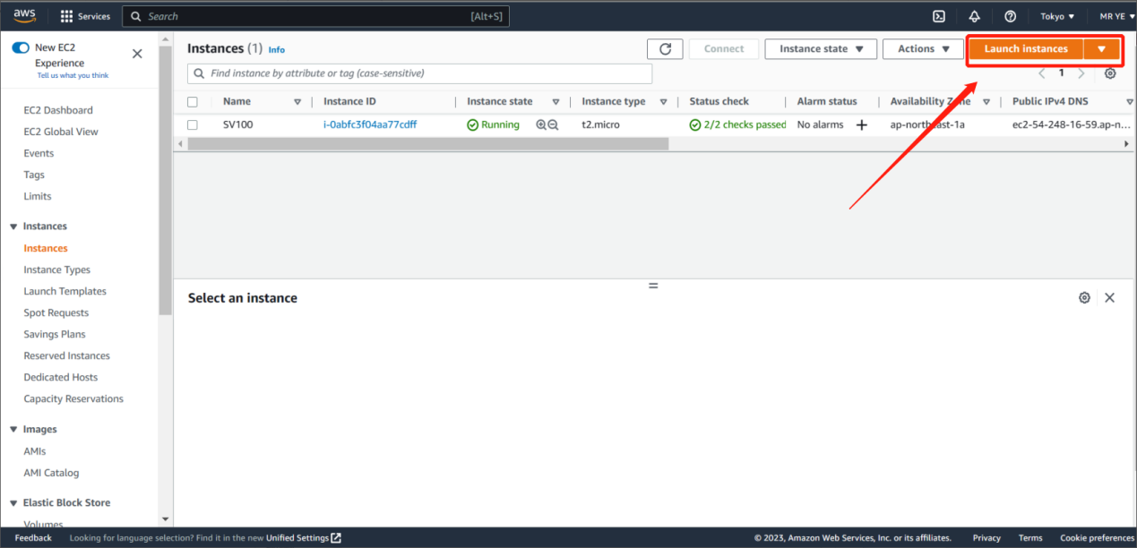 EC2 instance list with Launch instances highlighted