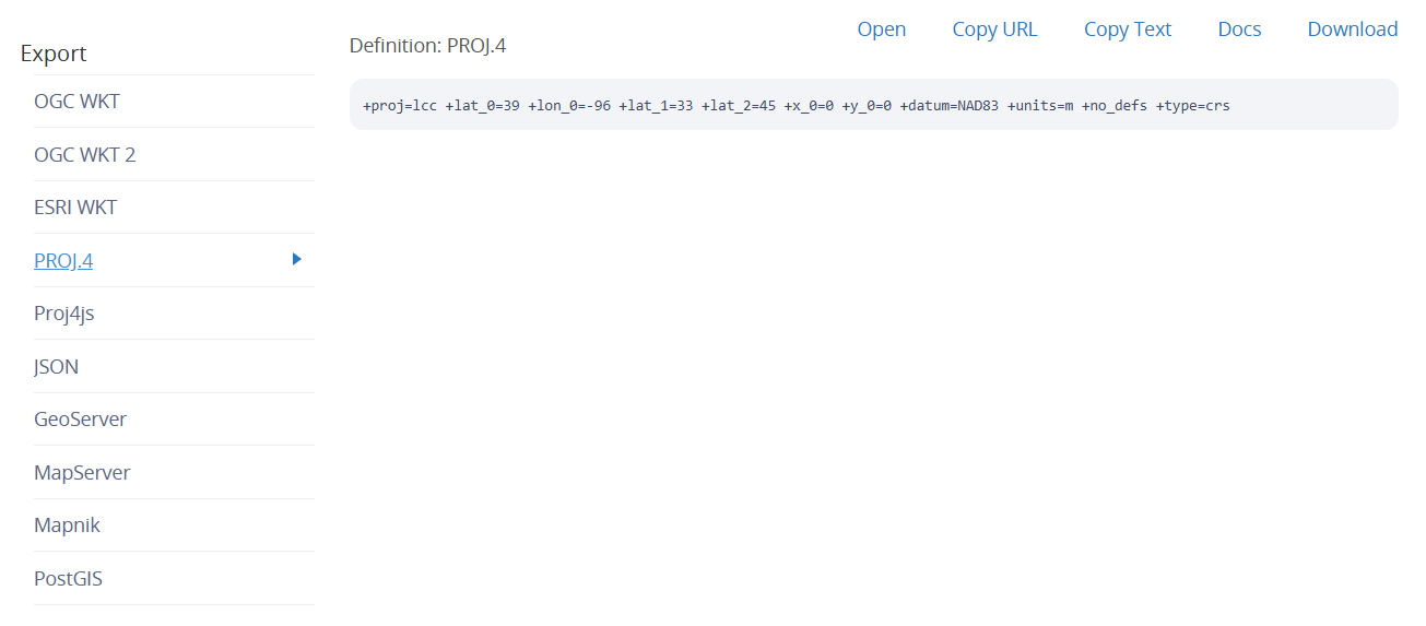 Coordinate reference parameters displayed in PROJ.4 format