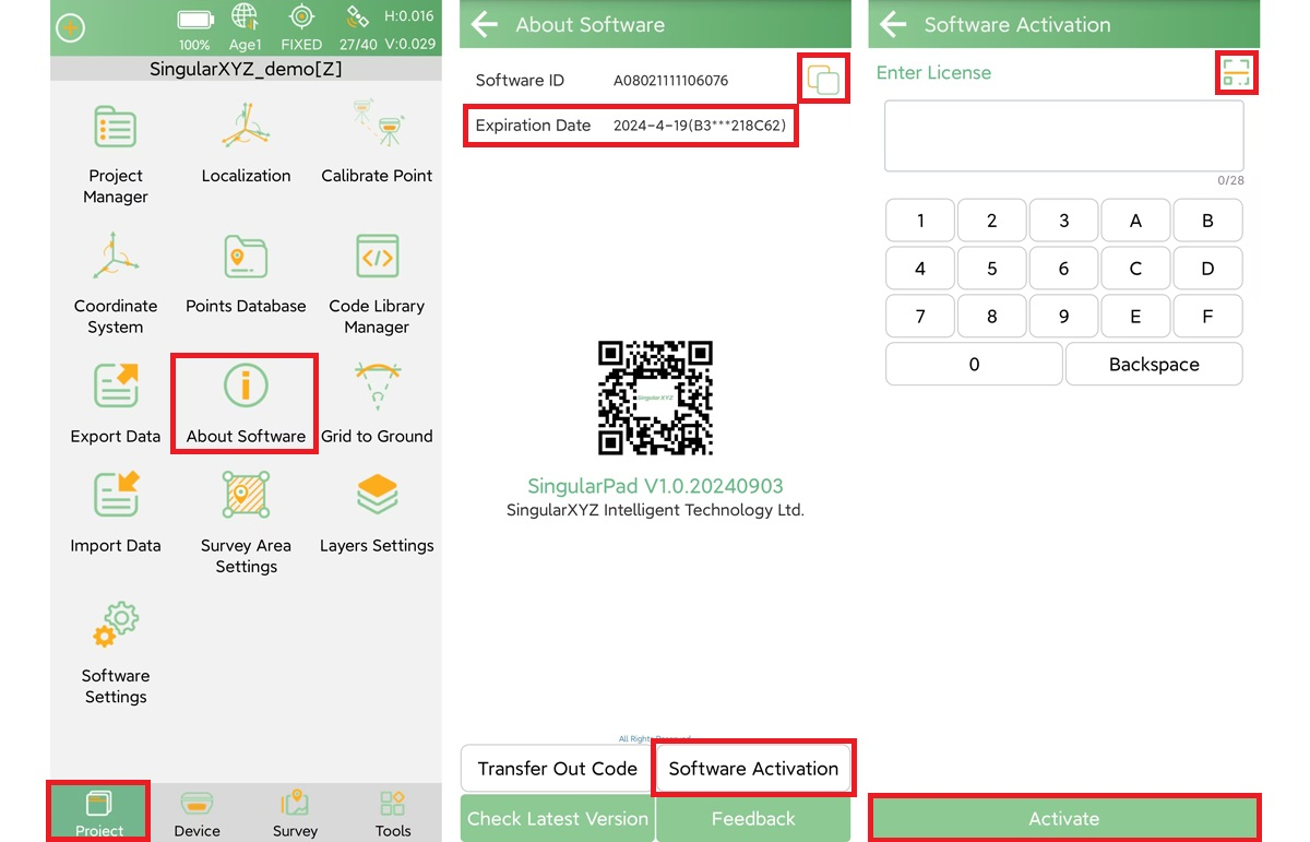 SingularPad software information and license activation workflow