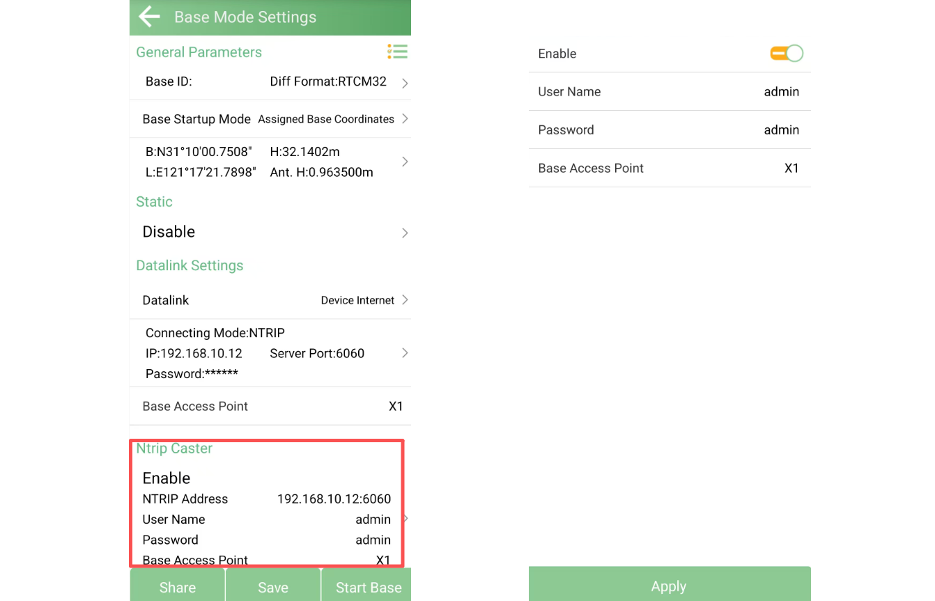 Enabling the X1 NTRIP caster and setting access credentials