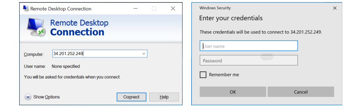 Remote Desktop address and sign-in credential dialogs