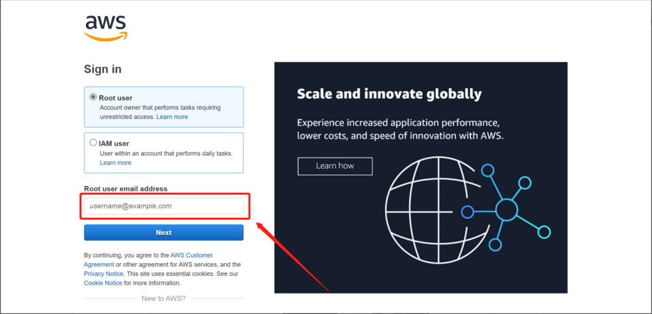 AWS sign-in form for a root or IAM user
