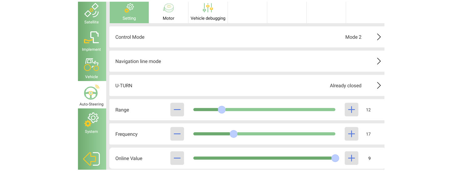 A SAgro Mode 2, Range, Frequency és Online Value beállításai