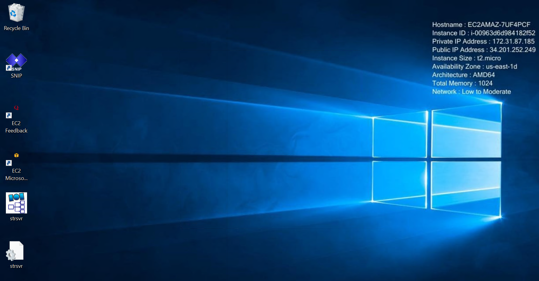 Connected Windows desktop with instance network details