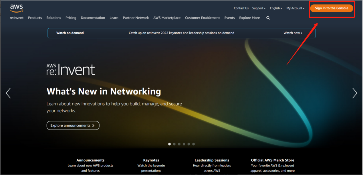 AWS website with Sign In to the Console highlighted