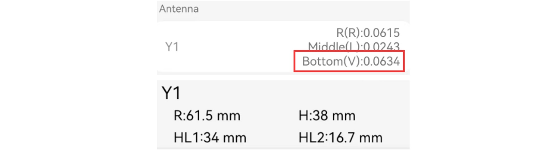 Y1-antennaeltolások és Bottom mérési érték