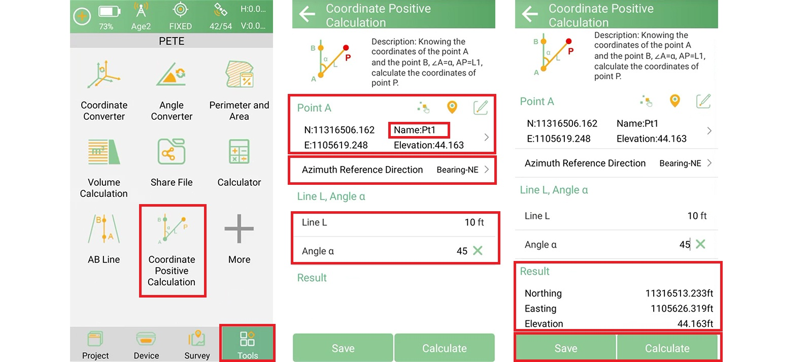 Koordinátaszámítás a Coordinate Positive Calculation eszközzel, pontból, távolságból és szögből