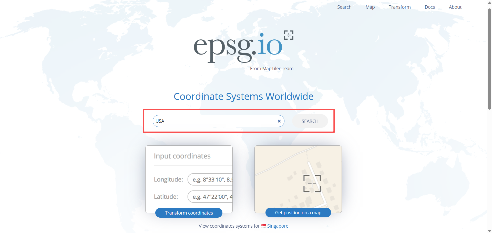 Entering a search term on EPSG.io